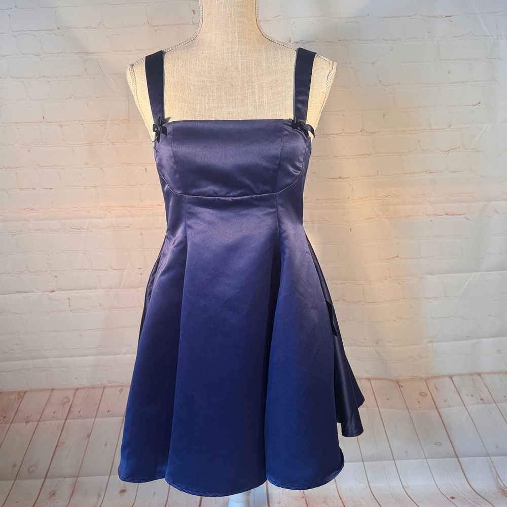 🆕 Lulu's Flawlessly Flirty Dress Navy Bows Open Back Adjustable Mini Satin 6 8 M - Picture 5 of 13